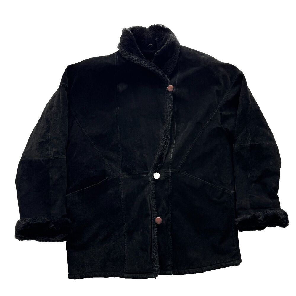 Pelle New York Suede Jacket Womens L Black Genuine Leather Fur Lined Button Up